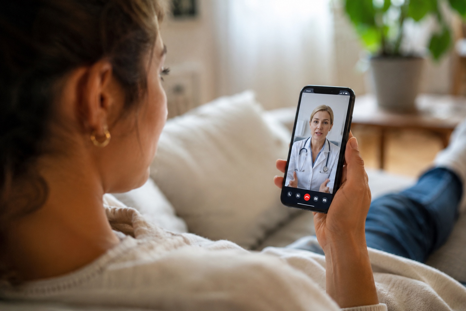 Video consultation with a private doctor on a smartphone